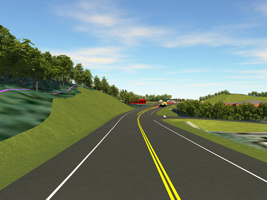 A rendering of the west leg of Bogard Road after the project is complete. A cut slope and ditch is on the north side of the road. The south side of the road and E. Ashmore Ave are reconstructed with fill. 