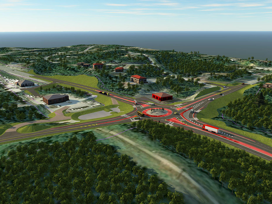 A rendering of the project area after construction from an airborne perspective southeast of the future roundabout. The tall hill southeast of the existing intersection still stands above the intersection, except where it has been cut to realign Green Forest Drive and provide sight distance at the intersection. A gap in the trees follows the section line, where utilities and 4-wheeler traffic diverge from Bogard Road.  