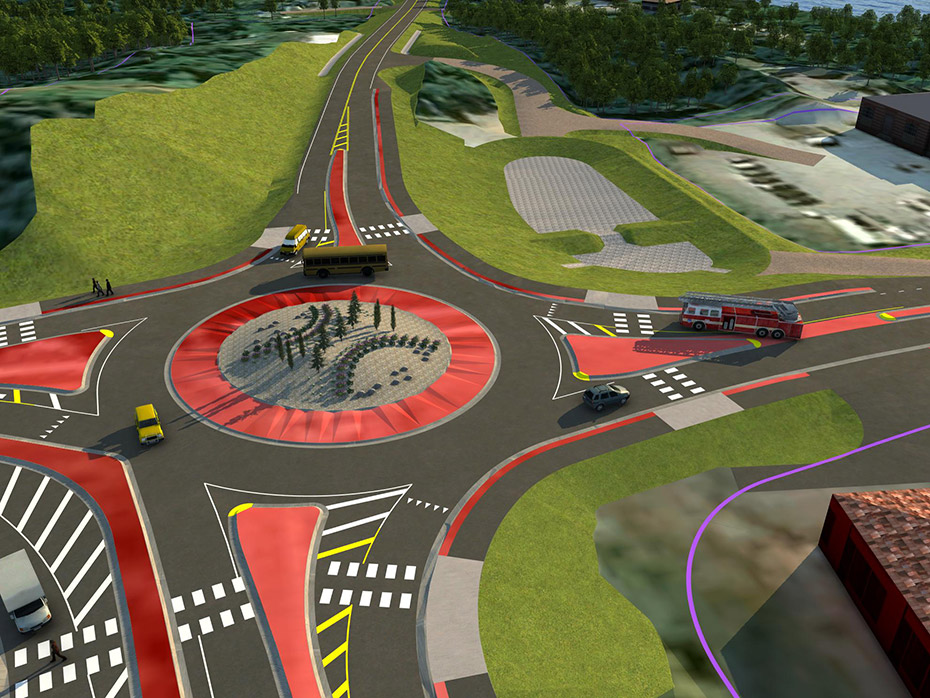 A rendering of the project area after construction from an airborne perspective north of the future roundabout. A fire truck approaches the roundabout from the west. The rear wheels of the fire truck are driving over patterned concrete flush with the pavement, at a gap in the raised median. 