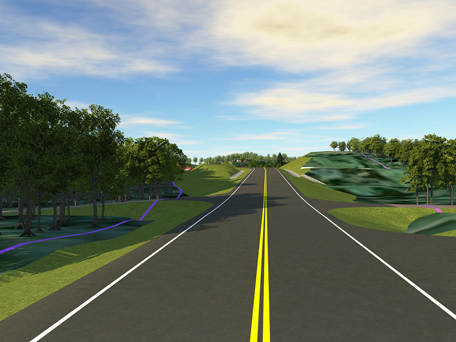 A rendering of the southern part of the realigned segment of Green Forest Drive after construction is complete. In the foreground, the road is higher than adjacent topography and constructed in fill. Driveways rise to meet the new grade of the road. In the background, the road cuts through a tall and steep hill. 