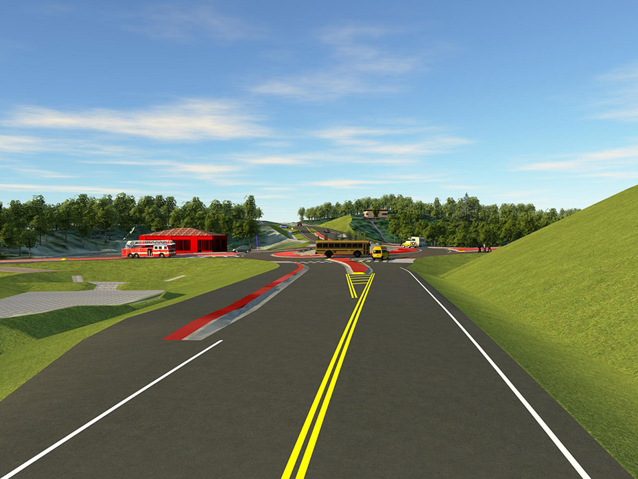 A rendering of the northern part of the realigned segment of Green Forest Drive after construction is complete. An asphalt pathway on the west side of the road is separated from southbound traffic by red concrete and curb. A raised median separates the lanes that exit and enter the roundabout. A van waits at the yield line while a school bus drives through the roundabout. A crosswalk connects pathways on both sides of the road. Pedestrians walk toward the crosswalk across the east leg of Bogard Road.  