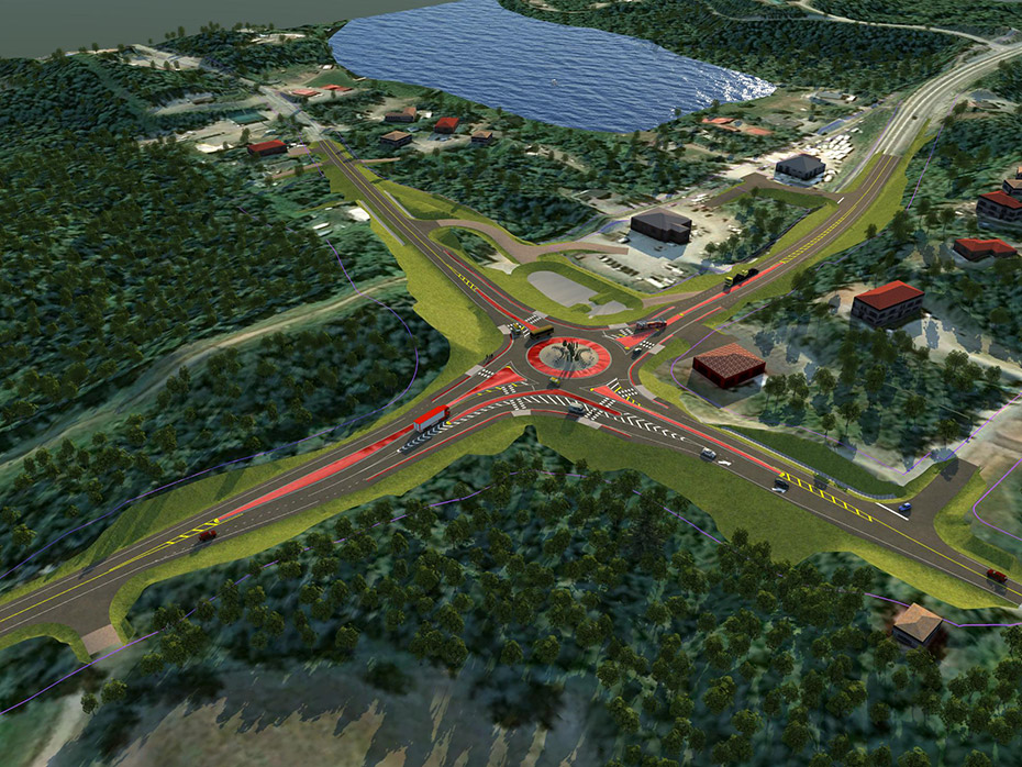 A rendering of the project area after construction from an airborne perspective, focused on the northeast corner. A dedicated right turn lane is separated from the entry lane by a raised median. The pavement is wide enough on the outside of the lane for freight trucks to enter the roundabout or turn right without driving over a curb. The extra pavement width is covered in gore striping, showing smaller vehicles where to drive. West bound right turning vehicles merge with northbound vehicles on Engstrom Road north of the crosswalk, as they approach Destin Drive. 