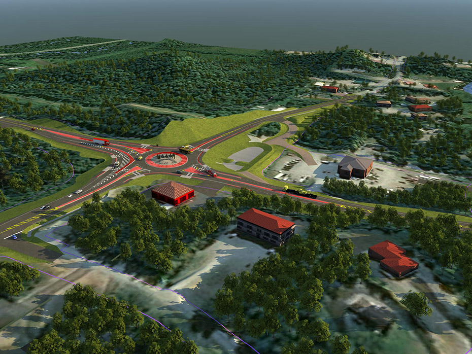 A rendering of the project area after construction from an airborne perspective, focused on the northwest corner. A fire truck approaches the roundabout through a flush gap in the raised concrete median on Bogard Road. Houses on Destin Drive are separated from Bogard Road by existing trees. Extra pavement on the left side at each entry is marked by gore striping, providing extra space for large vehicles to make wide right-hand turns. 