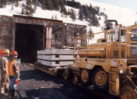 Transporting roadway/rail panels into the tunnel in winter  1998-99. 